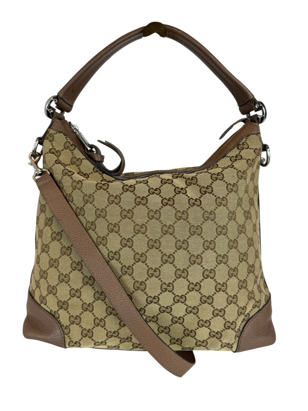 Gucci Beige GG Canvas and Brown Leather Hobo Bag